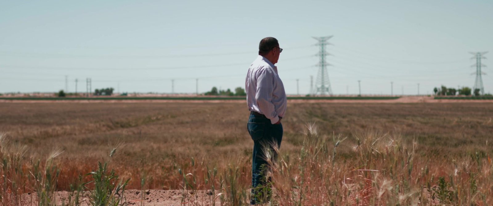 The filmmaker's grandfather, Guadalupe Cervantes, standing in a field under power lines